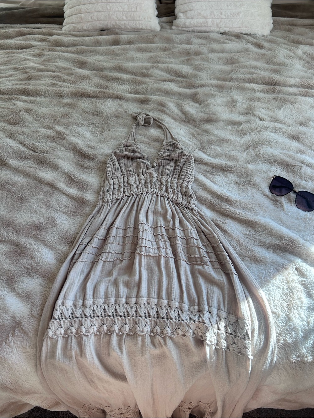 Taupe Halter Maxi Dress with Crochet Detailing